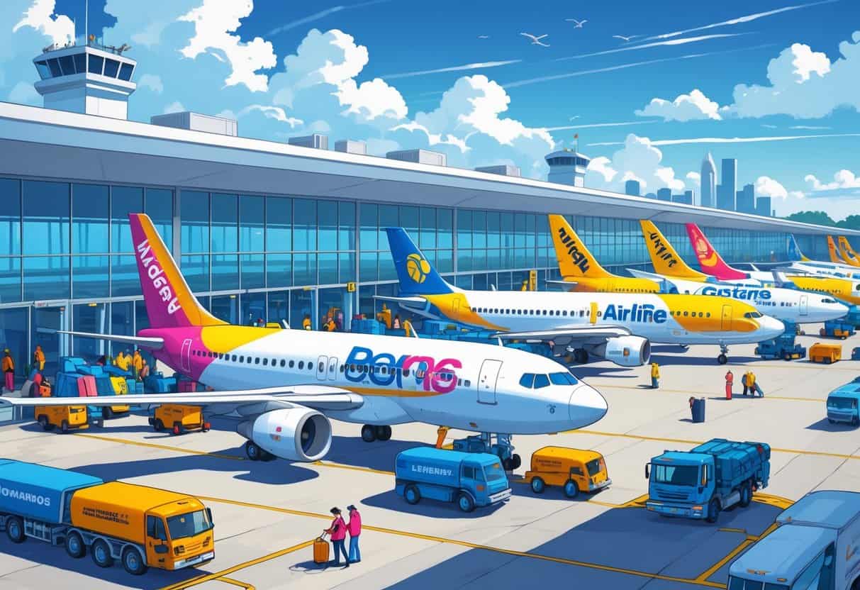 A busy airport scene at Huntsville International Airport with several budget airline planes parked, travelers moving around, and ground service vehicles active.