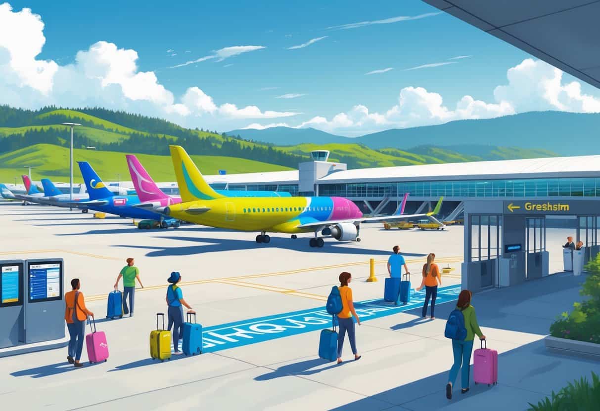 An airport scene in Gresham, Oregon showing budget airplanes parked at gates with passengers boarding and ground crew working, set against a green landscape and clear sky.