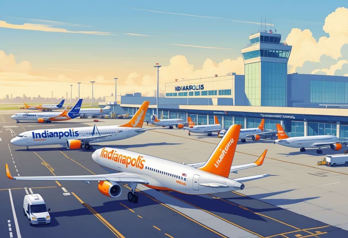 Airplanes from budget airlines parked at Indianapolis International Airport with airport terminal and ground vehicles in the background.