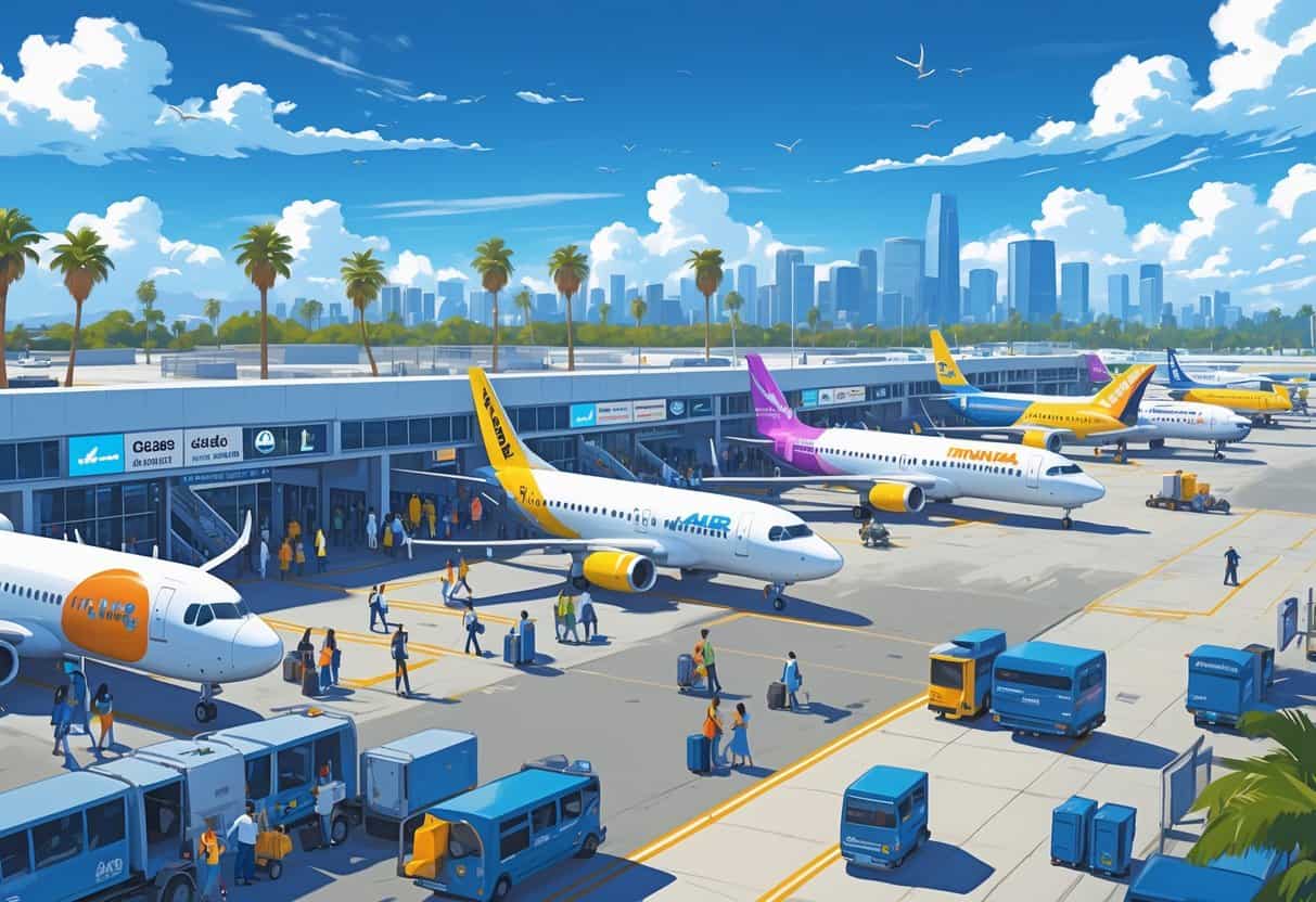 An airport scene in Inglewood, California, showing budget airplanes at gates with travelers and airport staff moving around under a sunny sky.