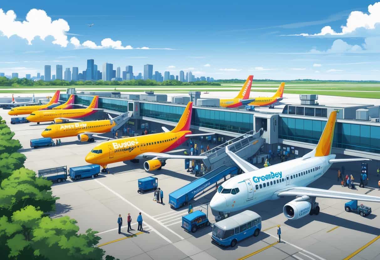 An airport scene in Green Bay, Wisconsin, showing several budget airline planes at gates with travelers and airport staff around.