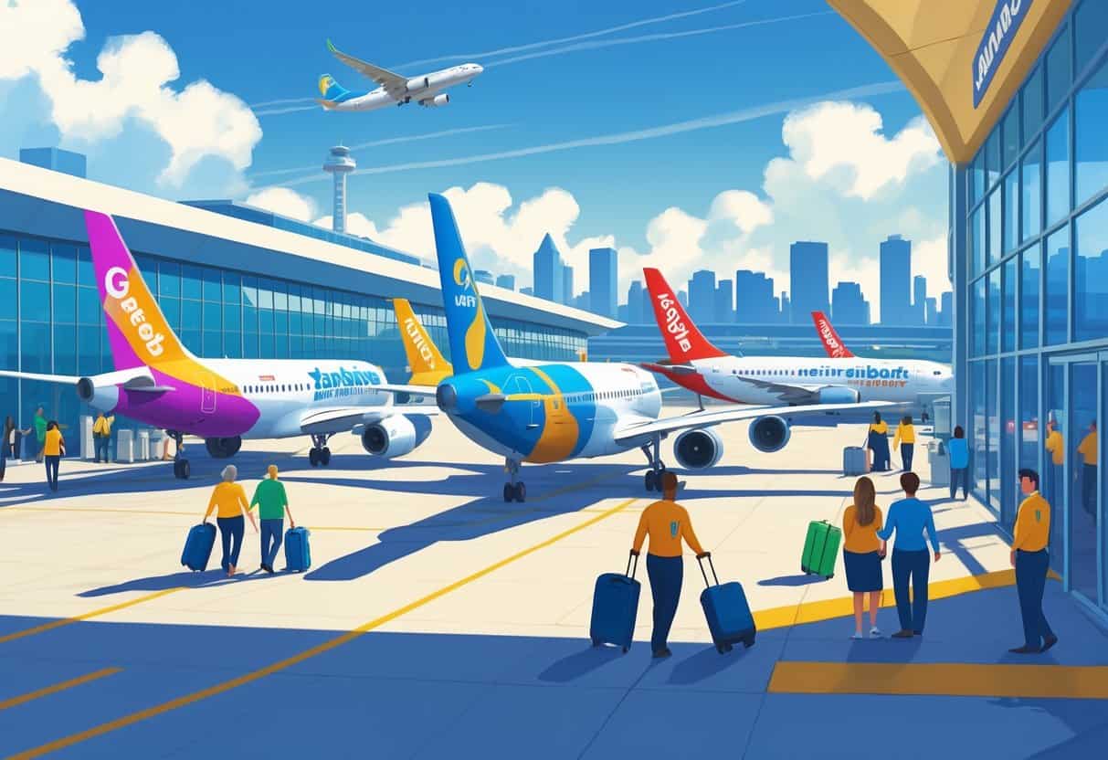 An airport scene in Green Bay with budget airplanes parked at gates and passengers boarding, set against the city skyline.