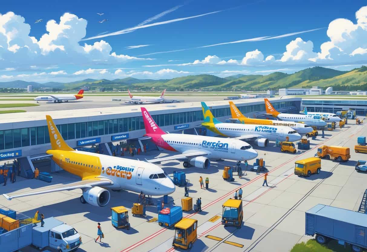 A busy airport in Hayward, California with several budget airline planes at gates, passengers walking with luggage, and service vehicles around the planes.