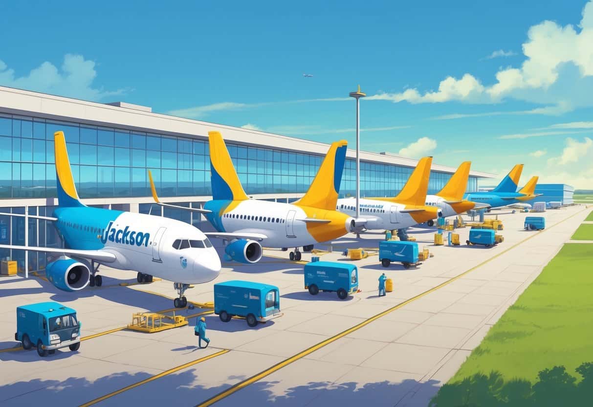 An airport scene in Jackson, Mississippi with several colorful budget airline planes at gates, passengers walking, and ground service vehicles around the planes.