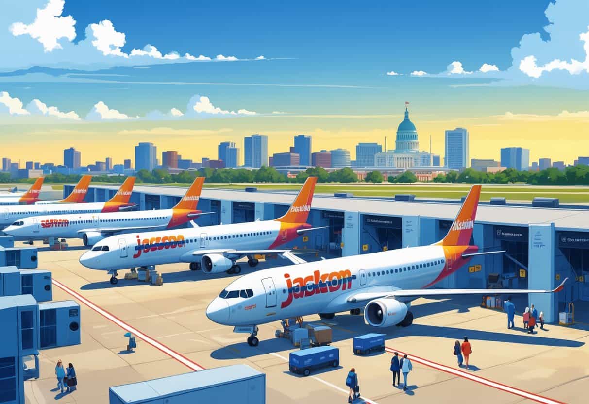 An airport scene in Jackson, Mississippi showing budget airplanes at gates with travelers and the city skyline in the background.