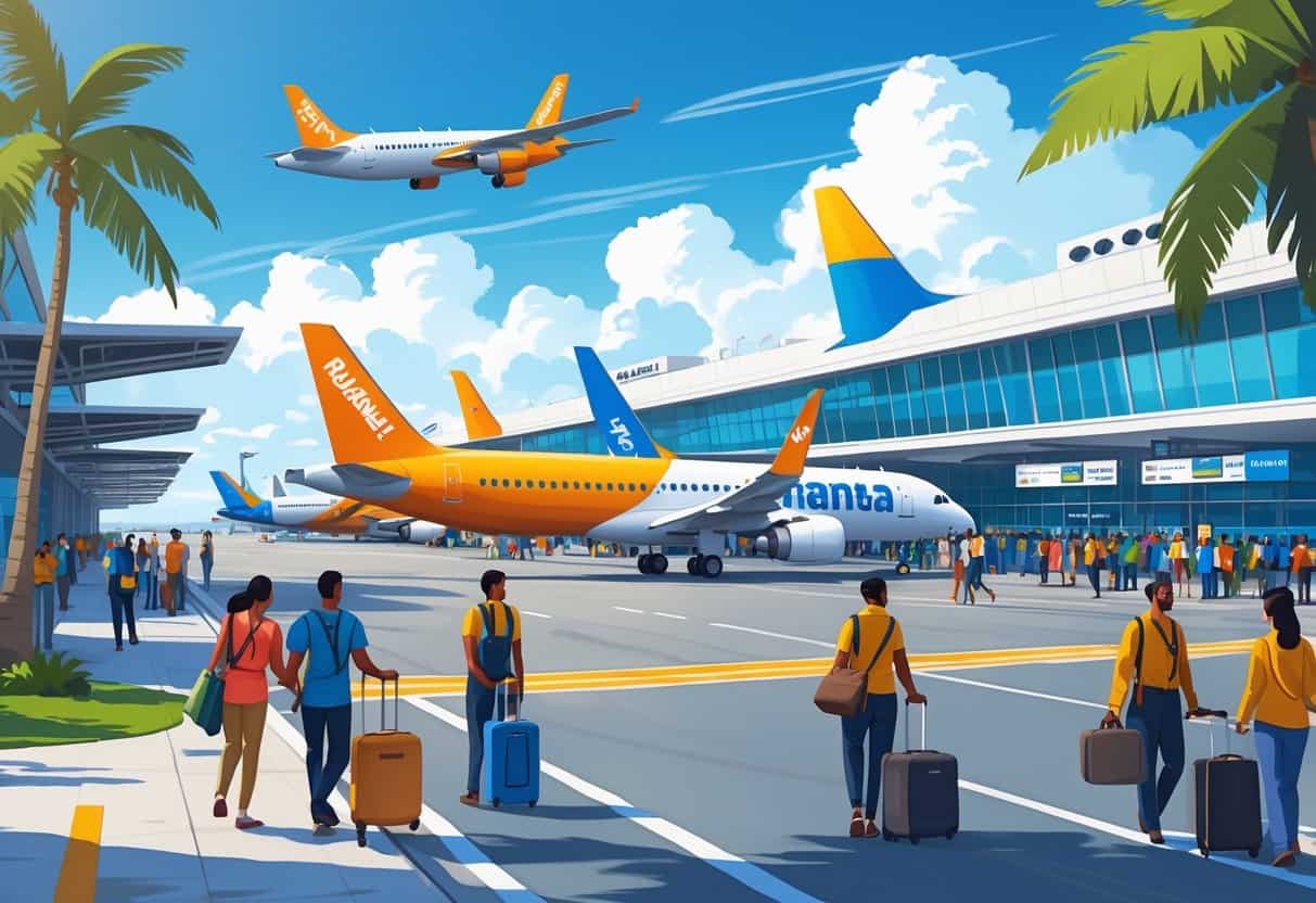 A busy airport scene in Hialeah, Florida with budget airline airplanes, travelers, and airport staff under a clear blue sky with palm trees.