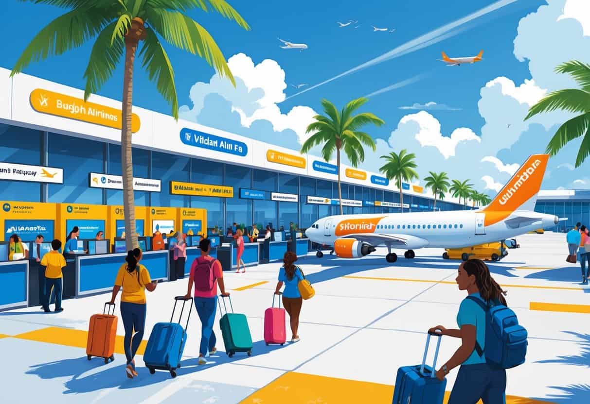 An airport scene in Hialeah, Florida with budget airline planes on the tarmac and travelers at the terminal under a sunny sky with palm trees.