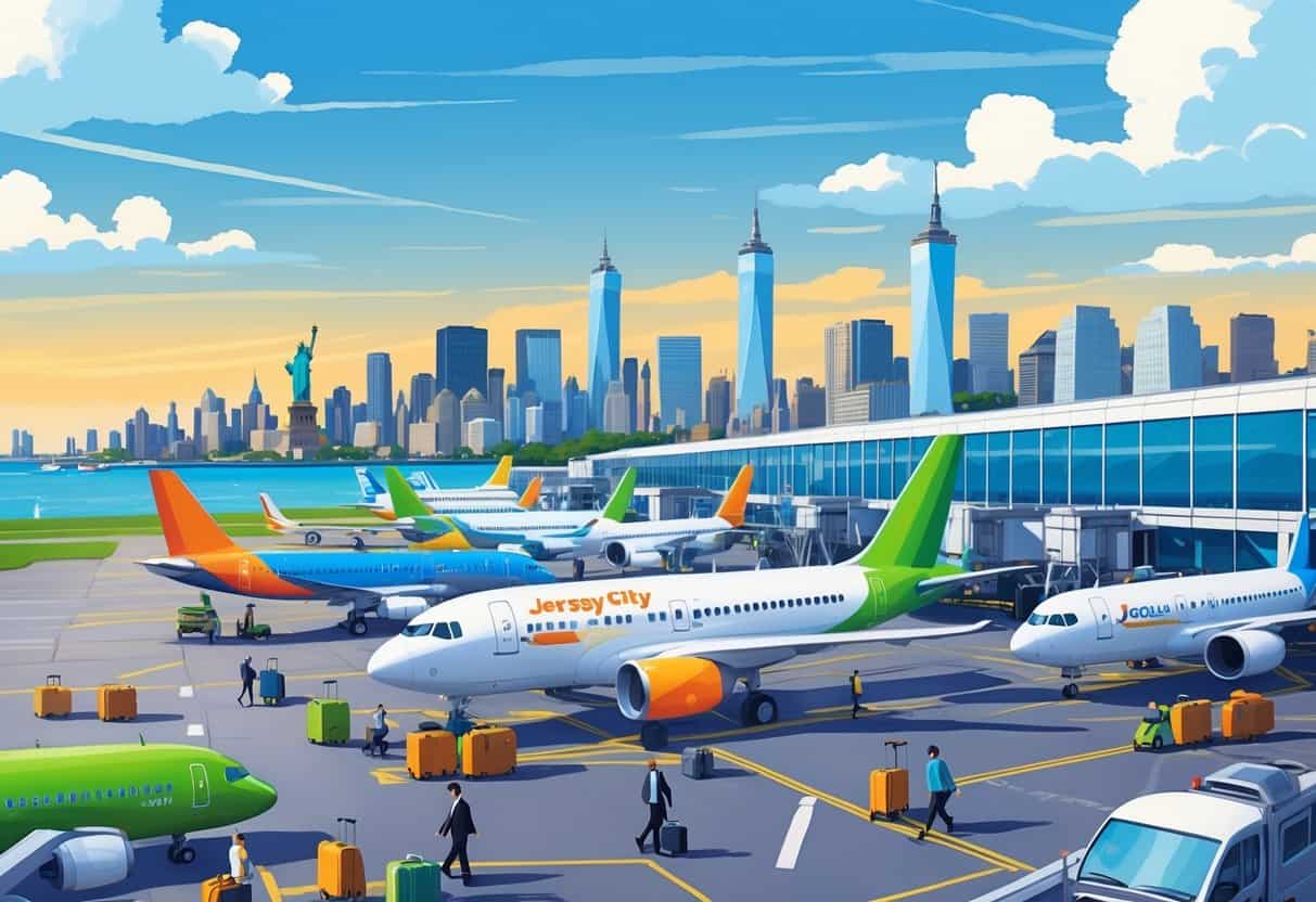 An airport in Jersey City with budget airplanes on the runway, ground crew working, and the city skyline with the Statue of Liberty in the background.
