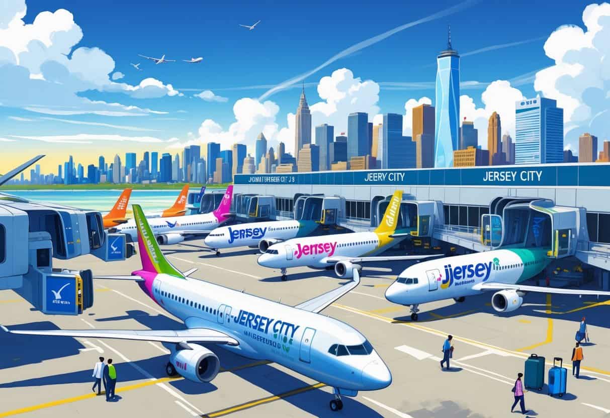 An airport scene showing several budget airplanes parked at gates with the Jersey City skyline in the background and passengers walking nearby.