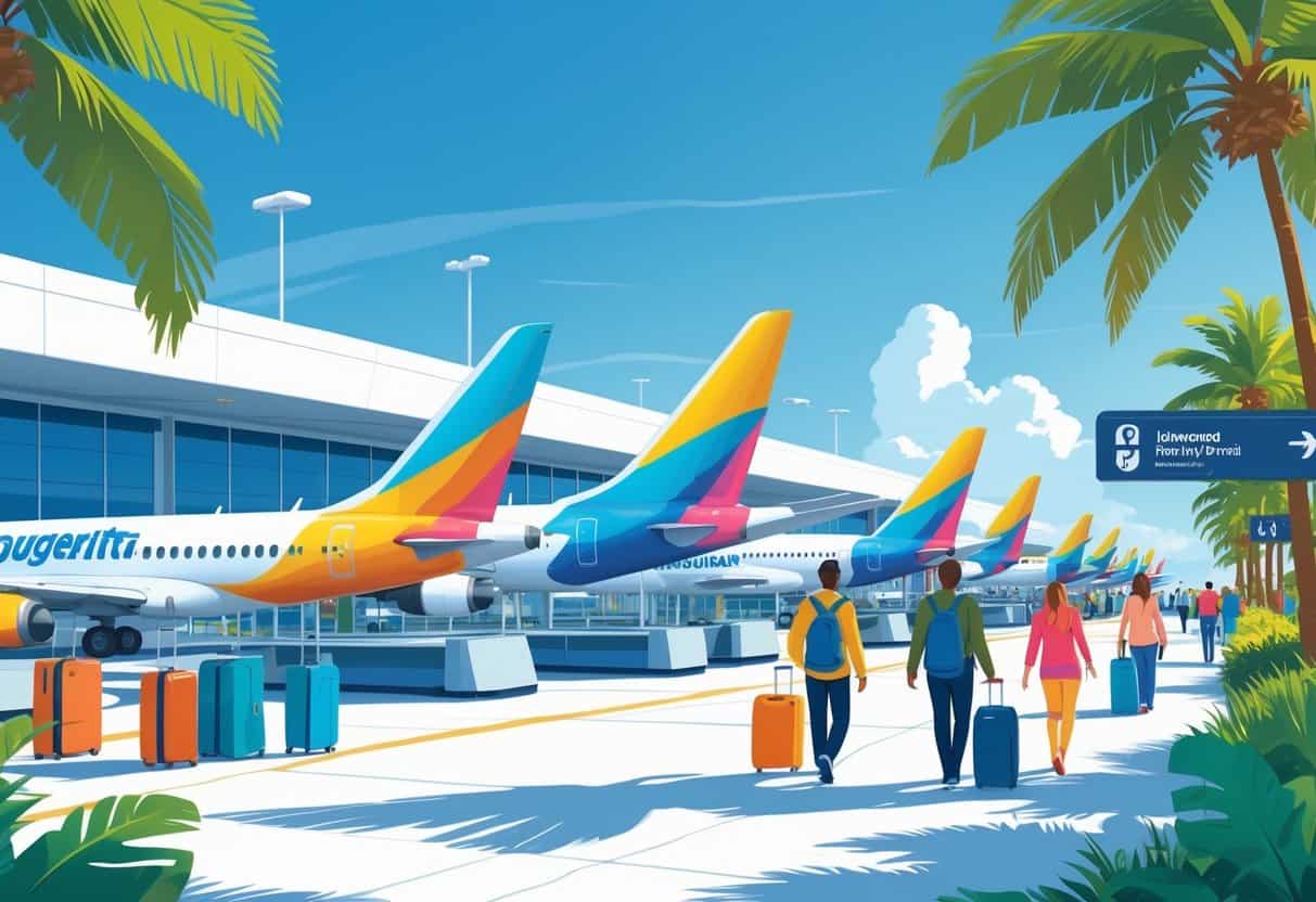 Airport scene with budget airline planes at gates, palm trees, and travelers walking toward a terminal in a sunny Florida coastal setting.