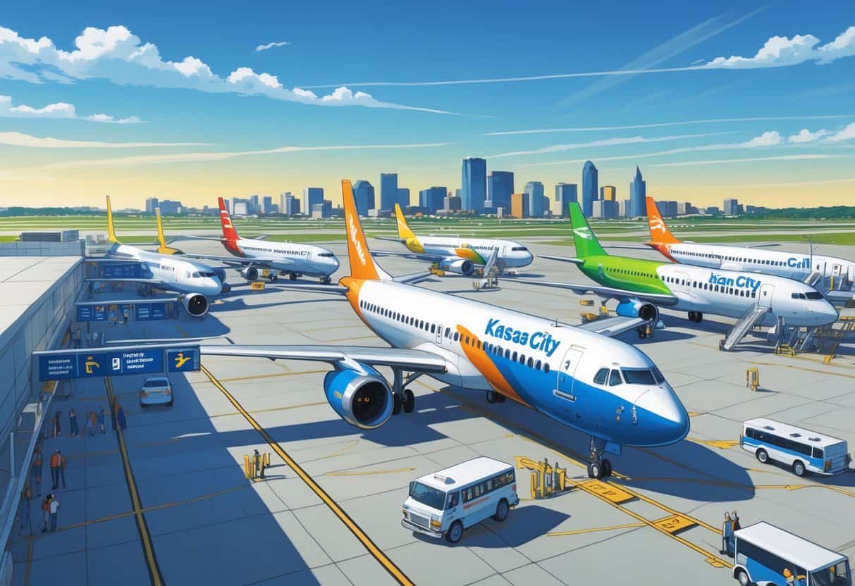 An airport scene in Kansas City with budget airline airplanes parked at gates and passengers boarding, set against the city skyline.