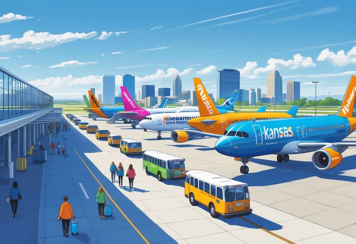 An airport terminal in Kansas City with multiple colorful airplanes parked and travelers walking with luggage, with the city skyline visible in the background.