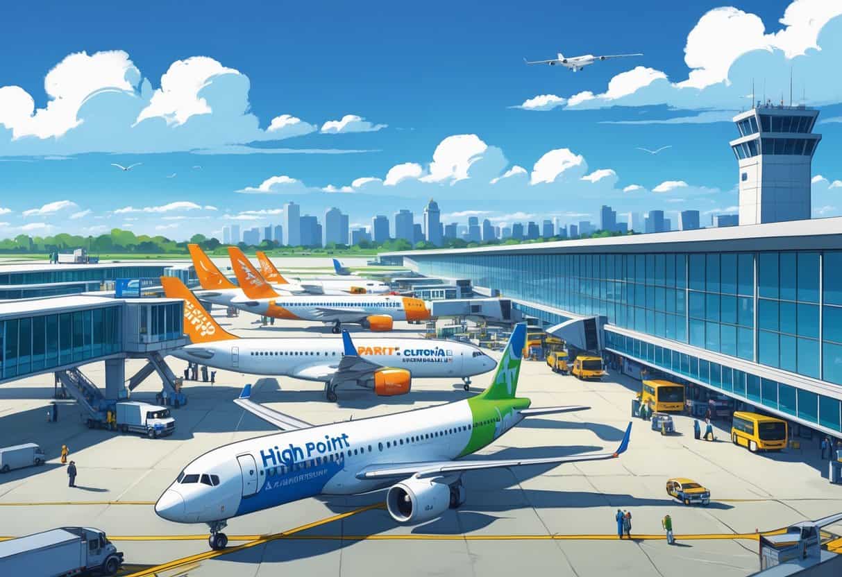 Airport scene in High Point, North Carolina with budget airline planes parked at gates and passengers walking near the terminal.