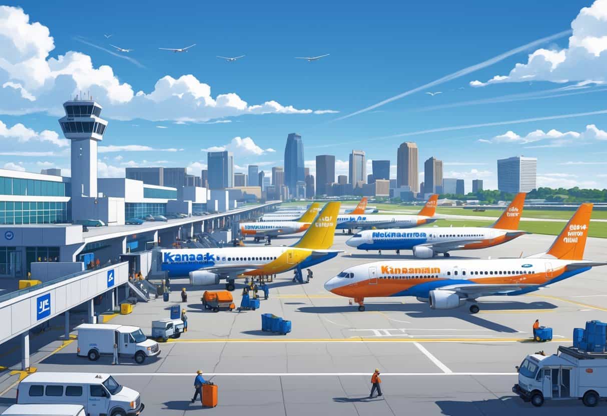 An airport scene in Kansas City with budget airplanes at gates, passengers boarding, and the city skyline in the background.