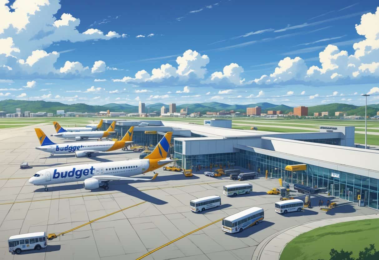 An airport terminal with budget airline planes parked at gates and the city of High Point visible in the background.