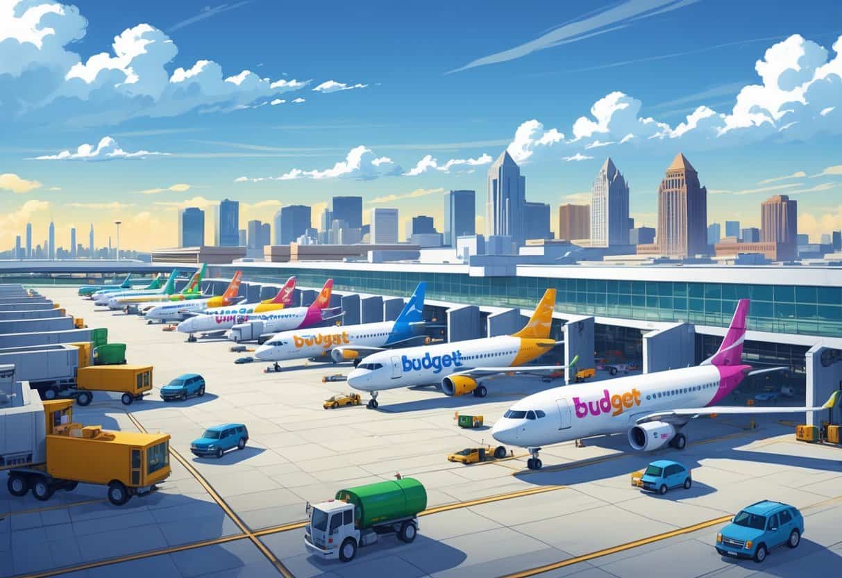 Airport scene showing multiple budget airplanes parked at gates with Kansas City skyline in the background and ground service vehicles around the planes.