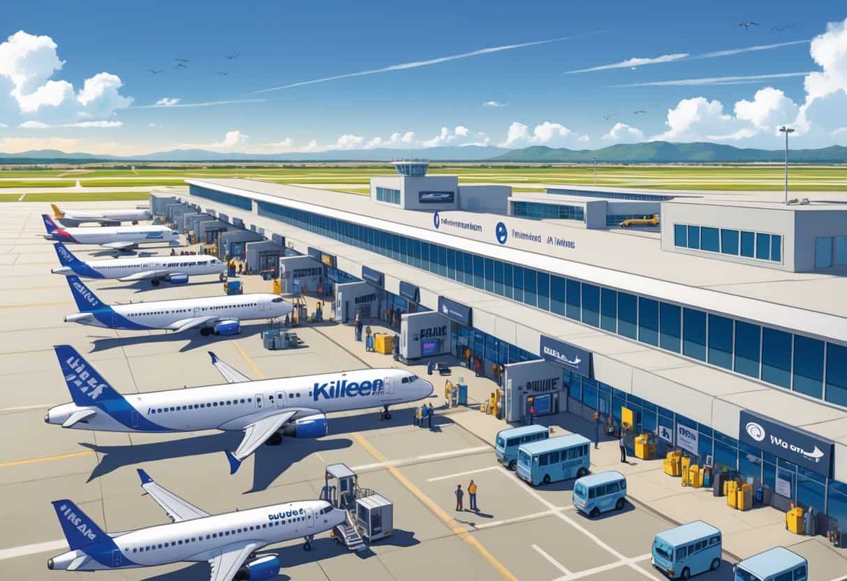 A busy regional airport in Killeen, Texas, with several budget airplanes parked at gates and passengers boarding during a clear day.