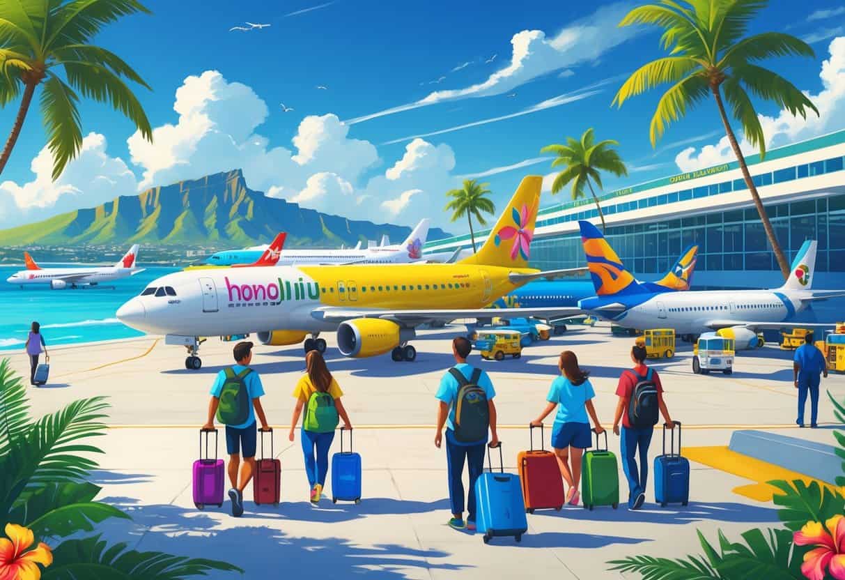 An airport scene in Honolulu with budget airplanes, travelers with luggage, palm trees, and Diamond Head in the background under a clear sky.