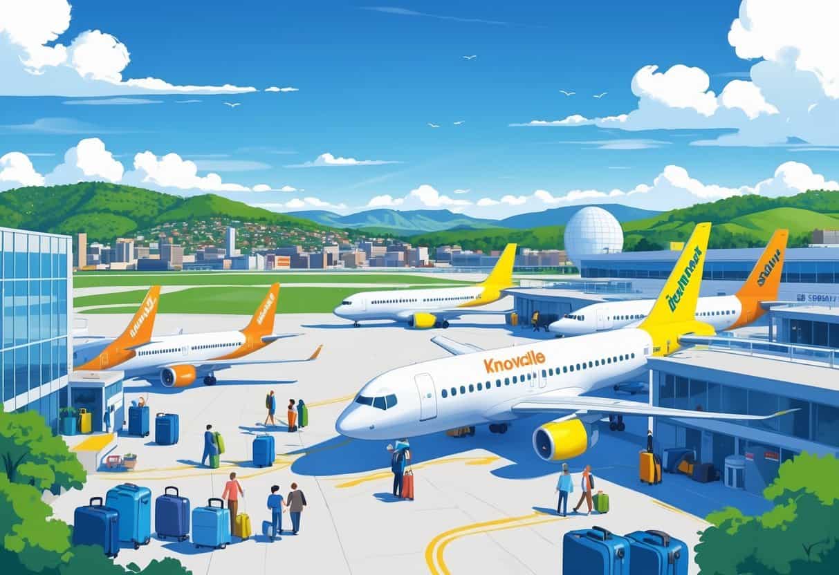 An airport in Knoxville, Tennessee with budget airplanes on the runway and travelers walking towards the terminal, with the city and hills in the background.
