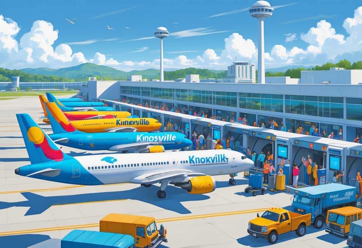 A busy airport in Knoxville with budget airline planes parked near the terminal and passengers boarding and disembarking.