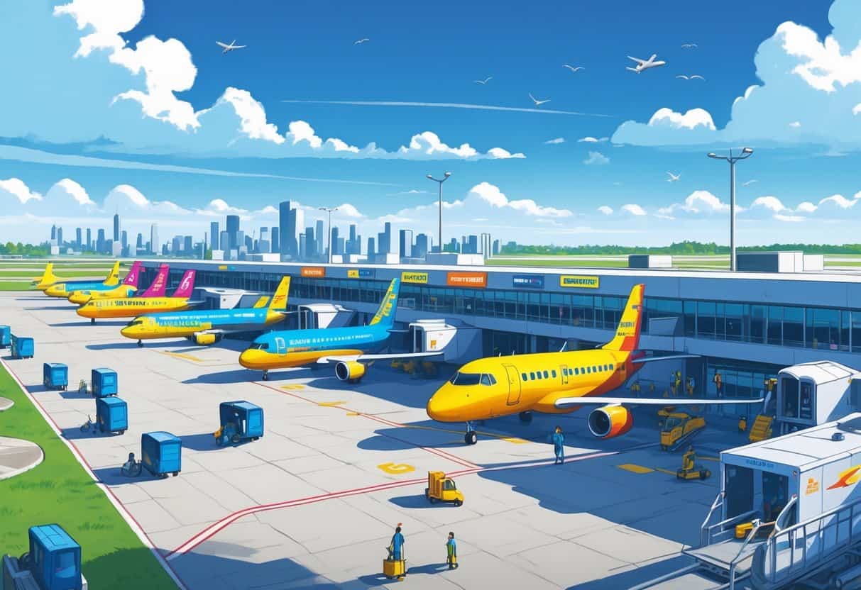 Airport scene in Independence, Missouri with several colorful budget airline planes parked and taxiing, passengers and ground crew moving around a modern terminal under a clear sky.