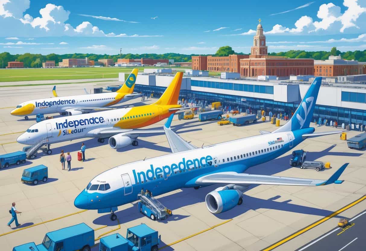 An airport scene in Independence, Missouri with budget airplanes parked at gates, travelers moving around, and the city skyline visible in the background.