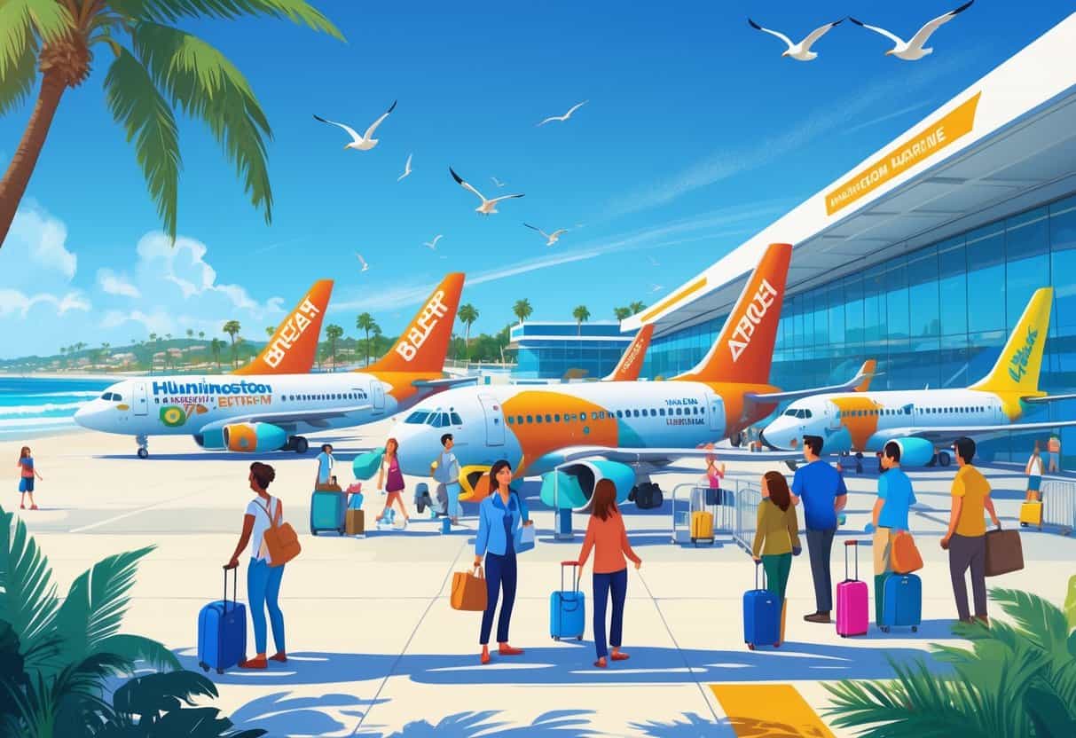 A busy airport near the Huntington Beach coastline with budget airplanes, travelers with luggage, palm trees, and surfers in the distance.