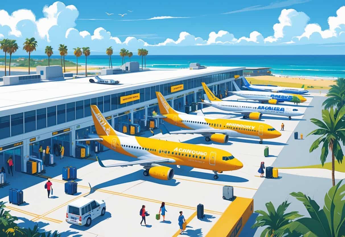 An airport near a sunny beach with several budget airplanes parked at gates and people moving around the terminal.