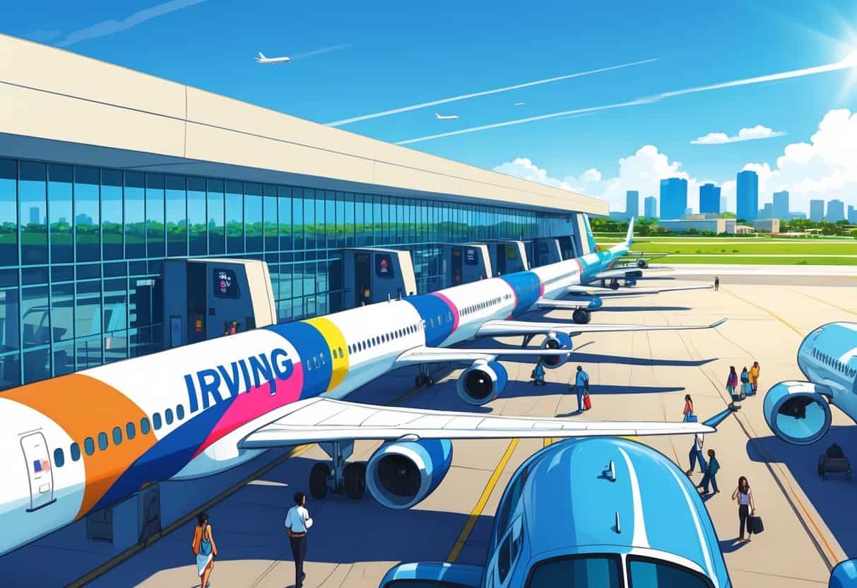 An airport in Irving, Texas with budget airplanes parked at gates and passengers boarding under a clear blue sky.