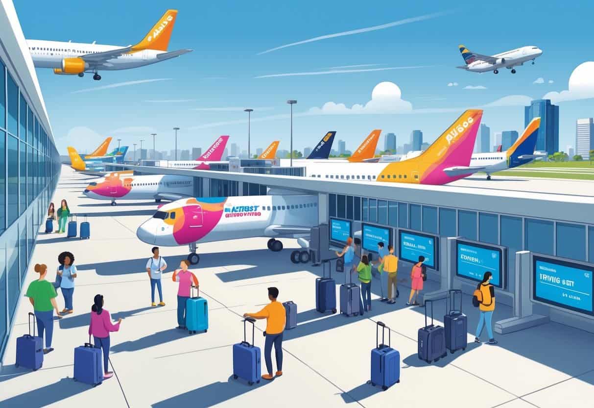 Airport scene with budget airline airplanes at gates, travelers with luggage, and a cityscape of Irving, Texas in the background.