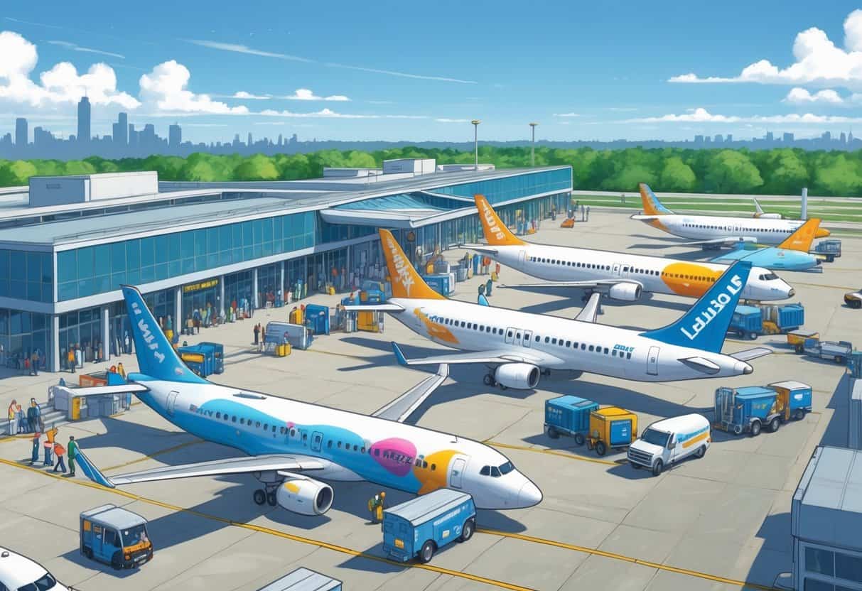 An airport scene in Lansing Michigan with budget airline planes parked near the terminal and travelers moving around.