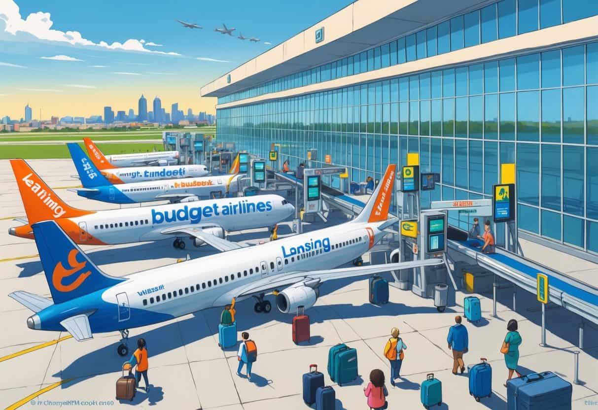 A busy airport scene in Lansing, Michigan showing several budget airline planes at gates with passengers and staff moving around, and the city skyline in the background.