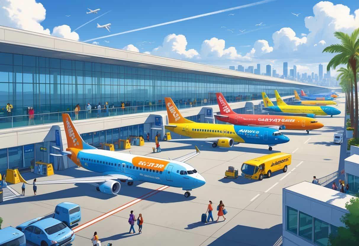 An airport scene in Irvine, California with several colorful airplanes parked and taxiing, travelers walking with luggage, palm trees, and a city skyline in the background.