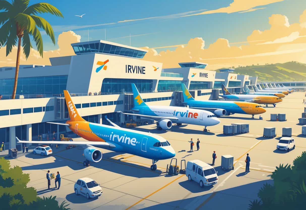 An airport scene in Irvine, California showing several budget airline airplanes at gates with passengers and ground crew around, set against a sunny sky with palm trees and hills.