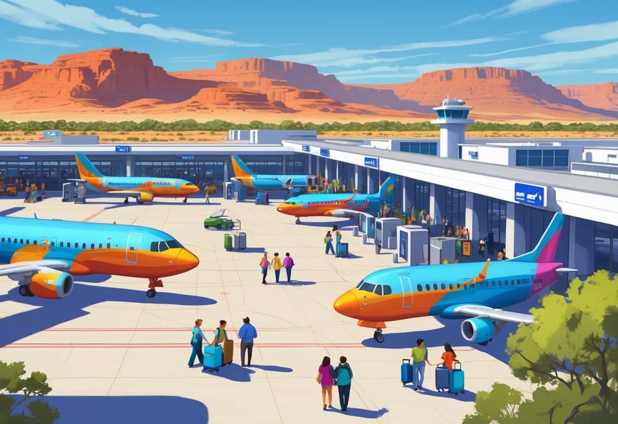 An airport terminal in a desert setting with budget airplanes parked at gates, passengers boarding, and mountains in the background.