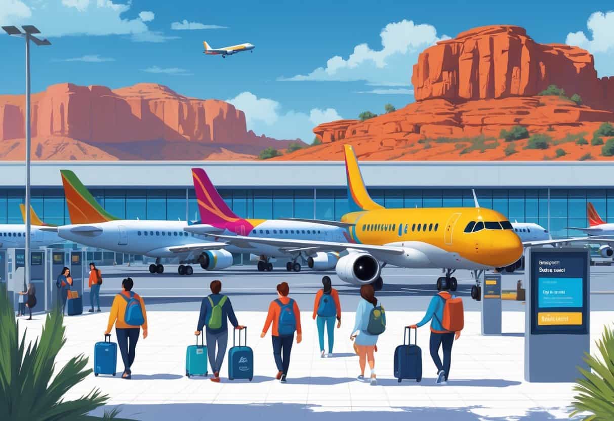 An airport terminal with budget airplanes and travelers in front of a desert landscape with red rock formations under a clear blue sky.