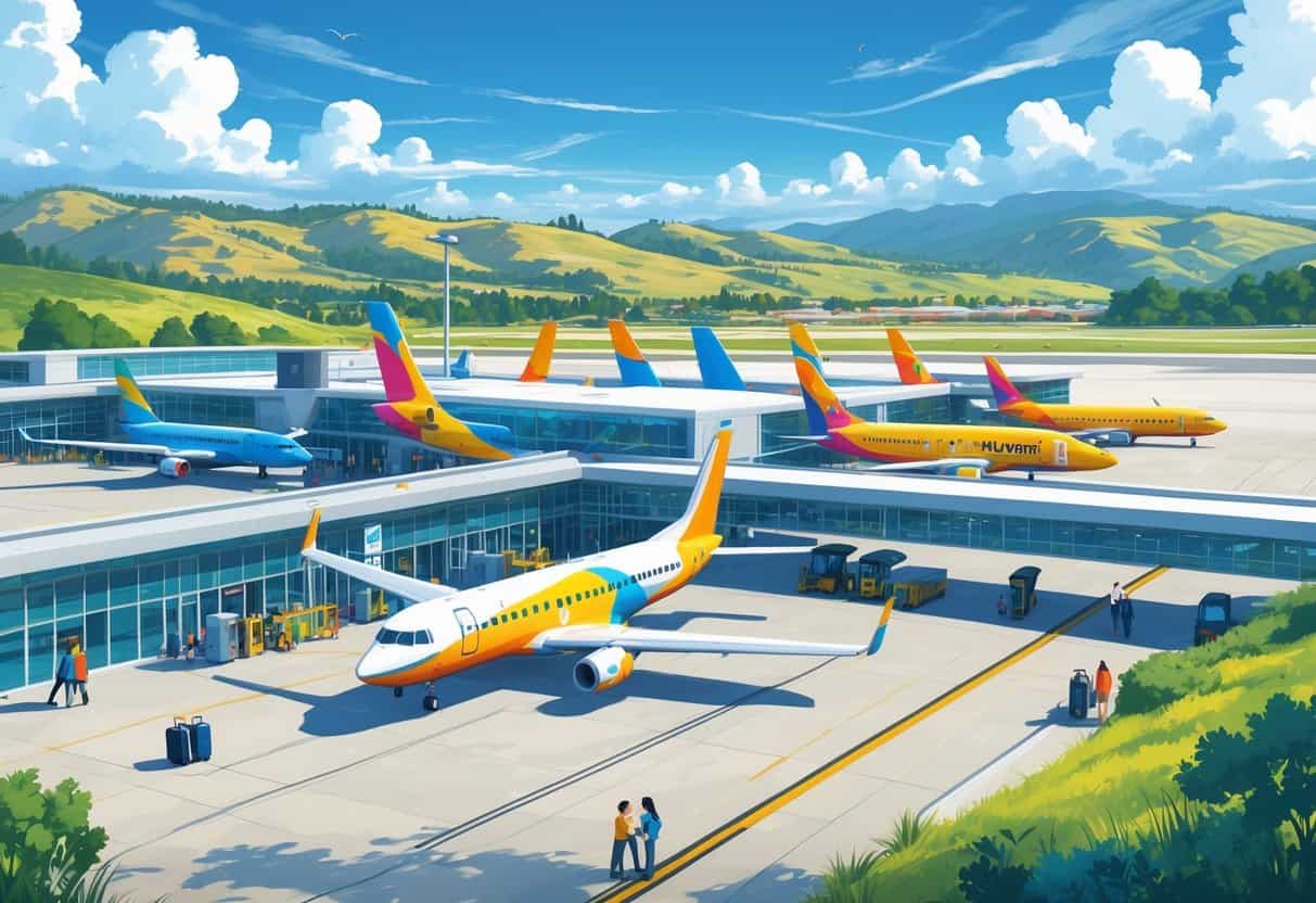 An airport scene with several colorful airplanes and travelers at a terminal surrounded by hills and clear skies.