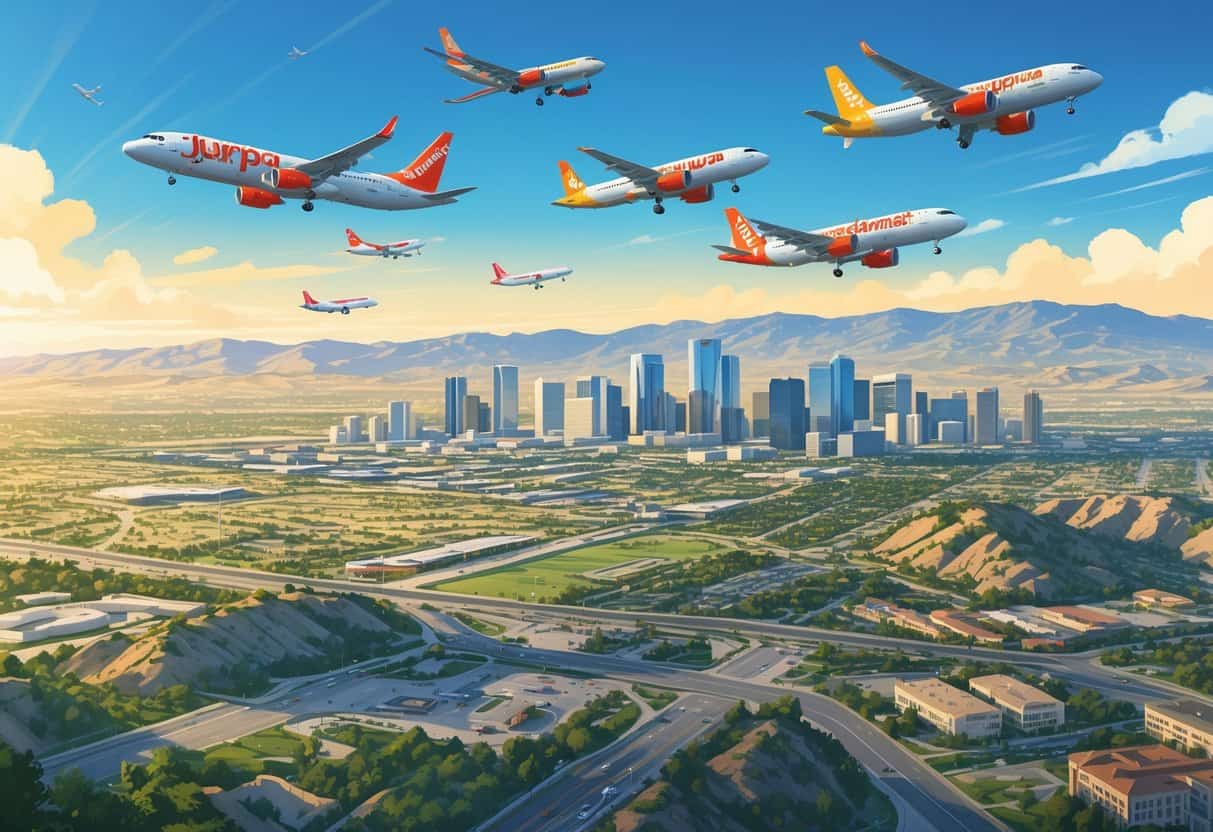 Aerial view of Jurupa Valley, California with several budget airplanes flying above the city near an airport.