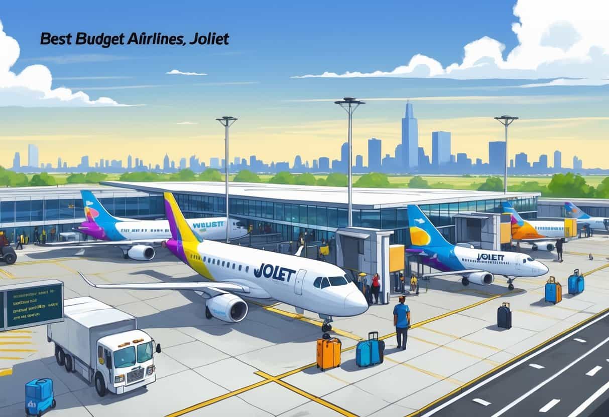 An airport scene in Joliet, Illinois showing budget airline planes at gates, passengers walking, and a city skyline in the background.