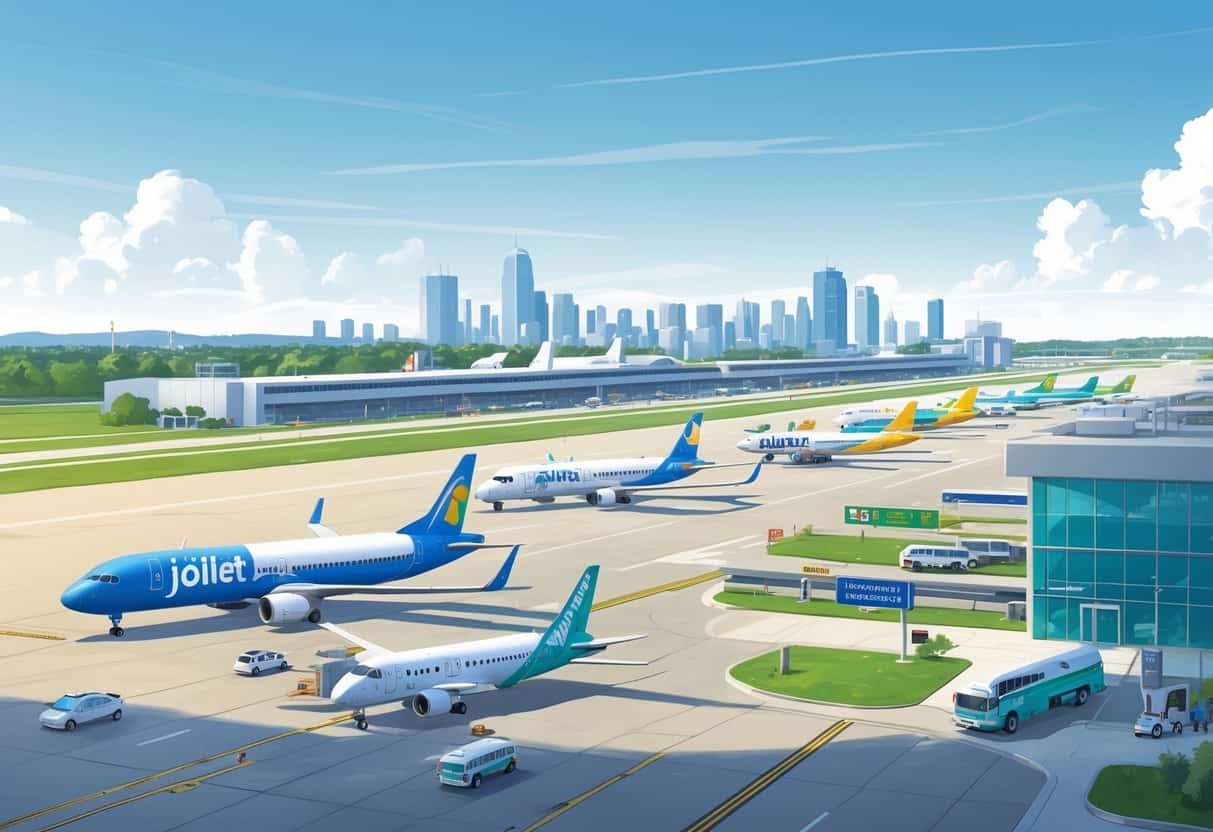 An airport scene showing several budget airplanes near a terminal with a city skyline in the background.