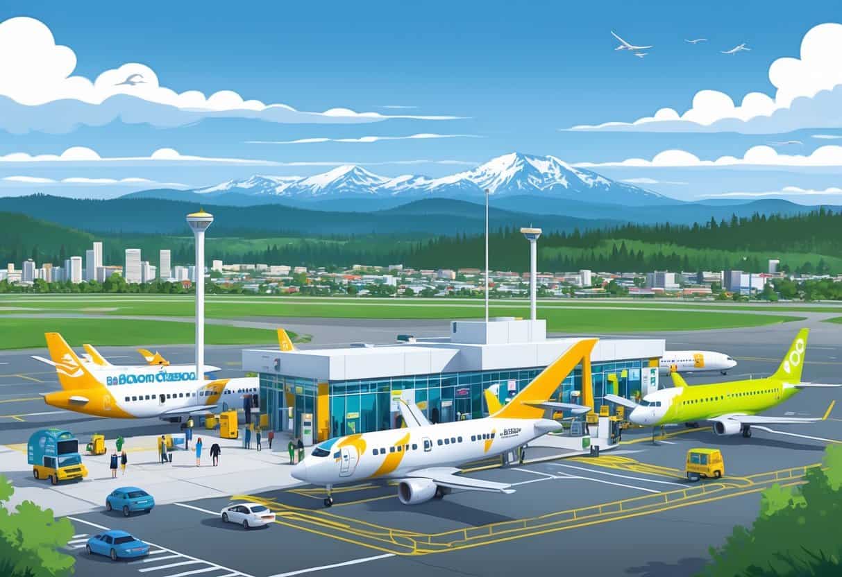 A small airport in Kent, Washington with budget airline planes at gates, travelers walking, and the city and mountains in the background.