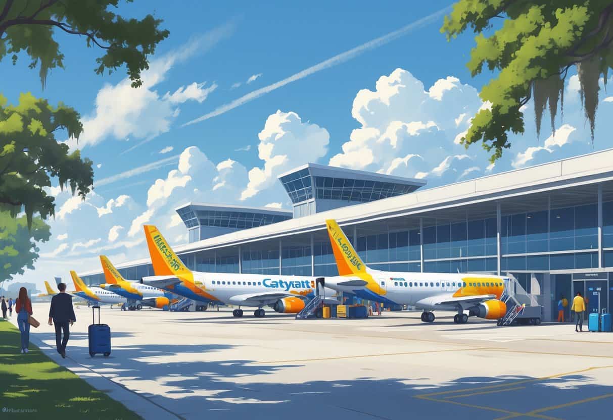 An airport scene in Lafayette, Louisiana showing several budget airplanes near the terminal with local landmarks and travelers moving around.