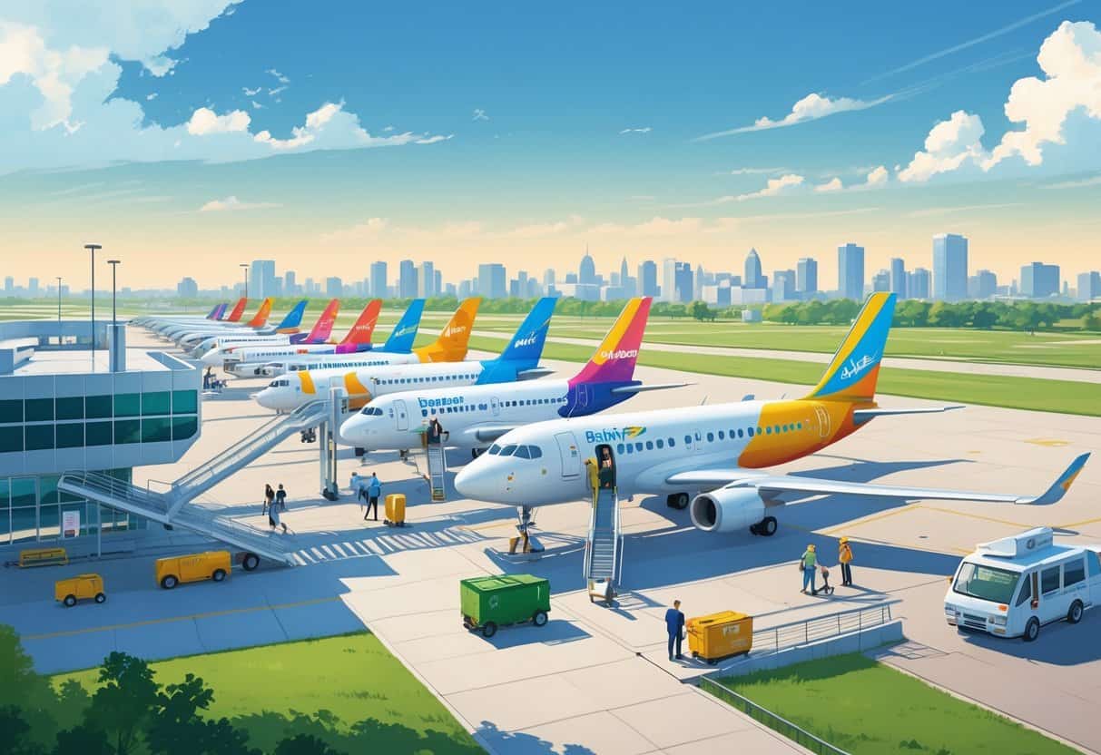 An airport scene in Lafayette, Louisiana with budget airline planes parked at gates, passengers boarding and disembarking, and a city skyline in the background.