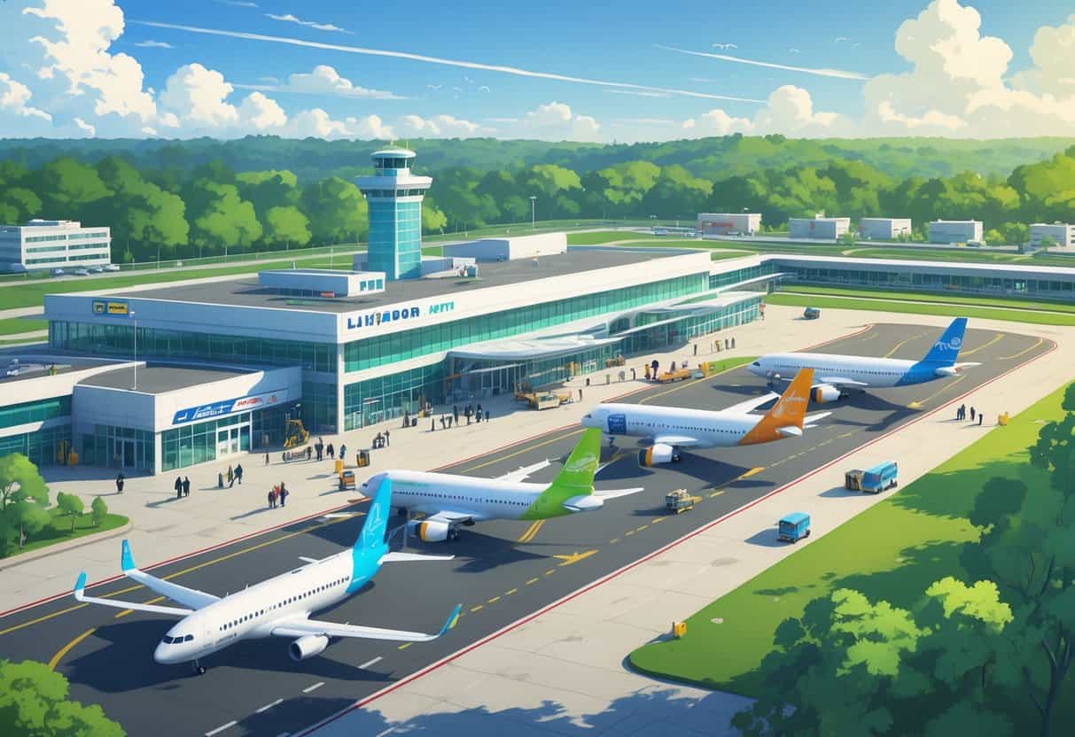 A small airport near Lakewood, New Jersey, with budget airplanes on the runway and people boarding and working around the planes.