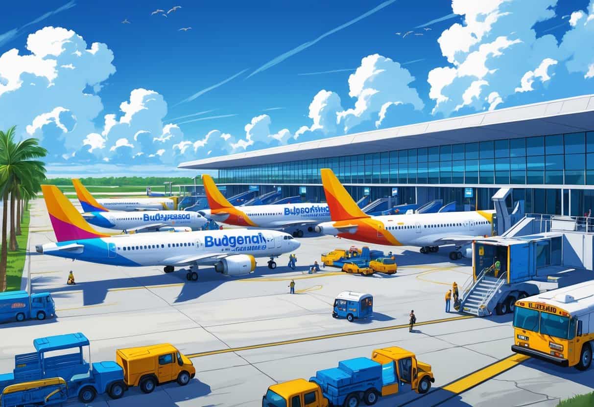 A busy small airport in Lakeland, Florida with several budget airplanes on the tarmac, ground service vehicles, a terminal building, palm trees, and a clear sky.