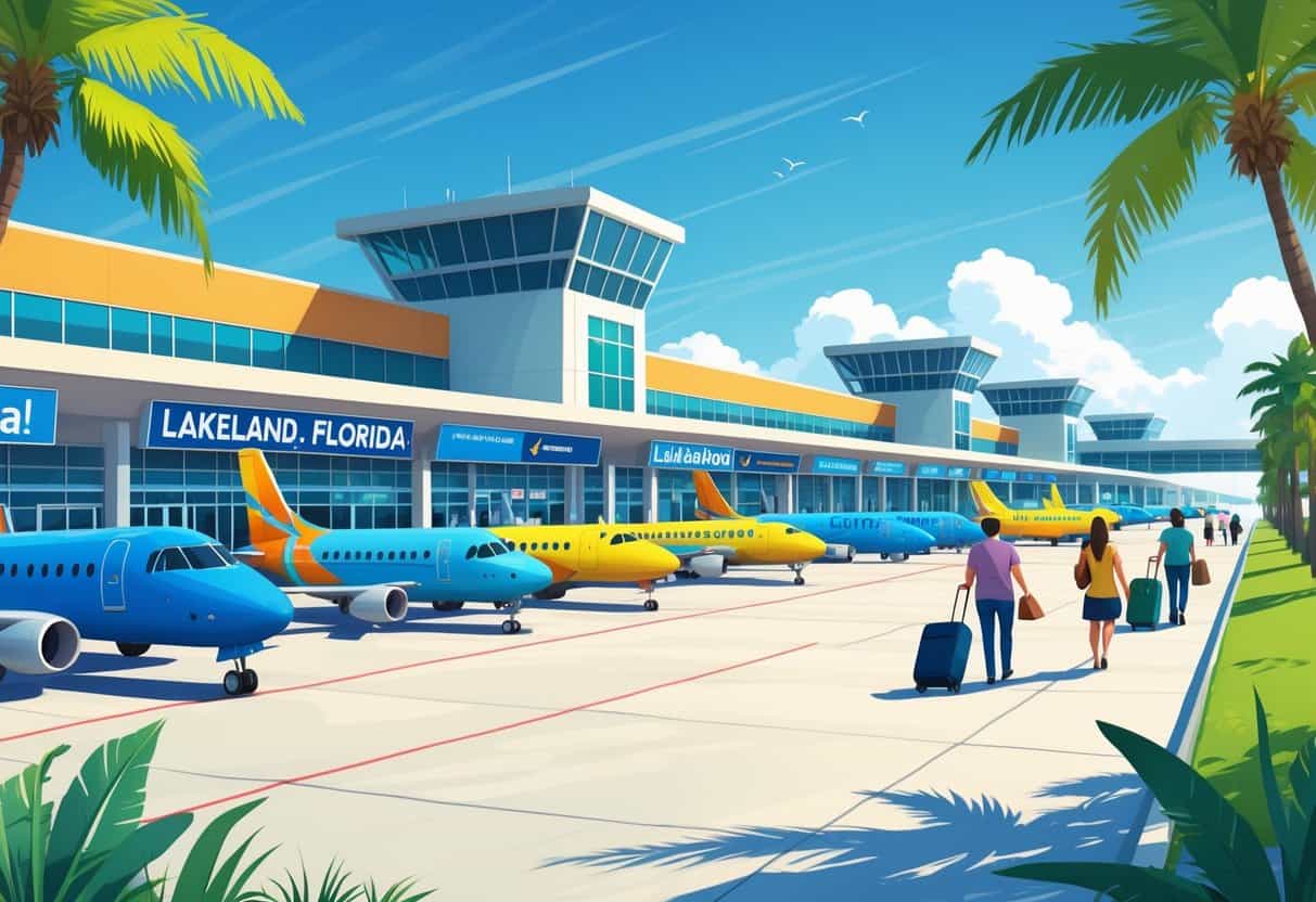 A small airport terminal in Lakeland, Florida with budget airplanes parked at gates, travelers walking with luggage, palm trees, and a sunny sky.
