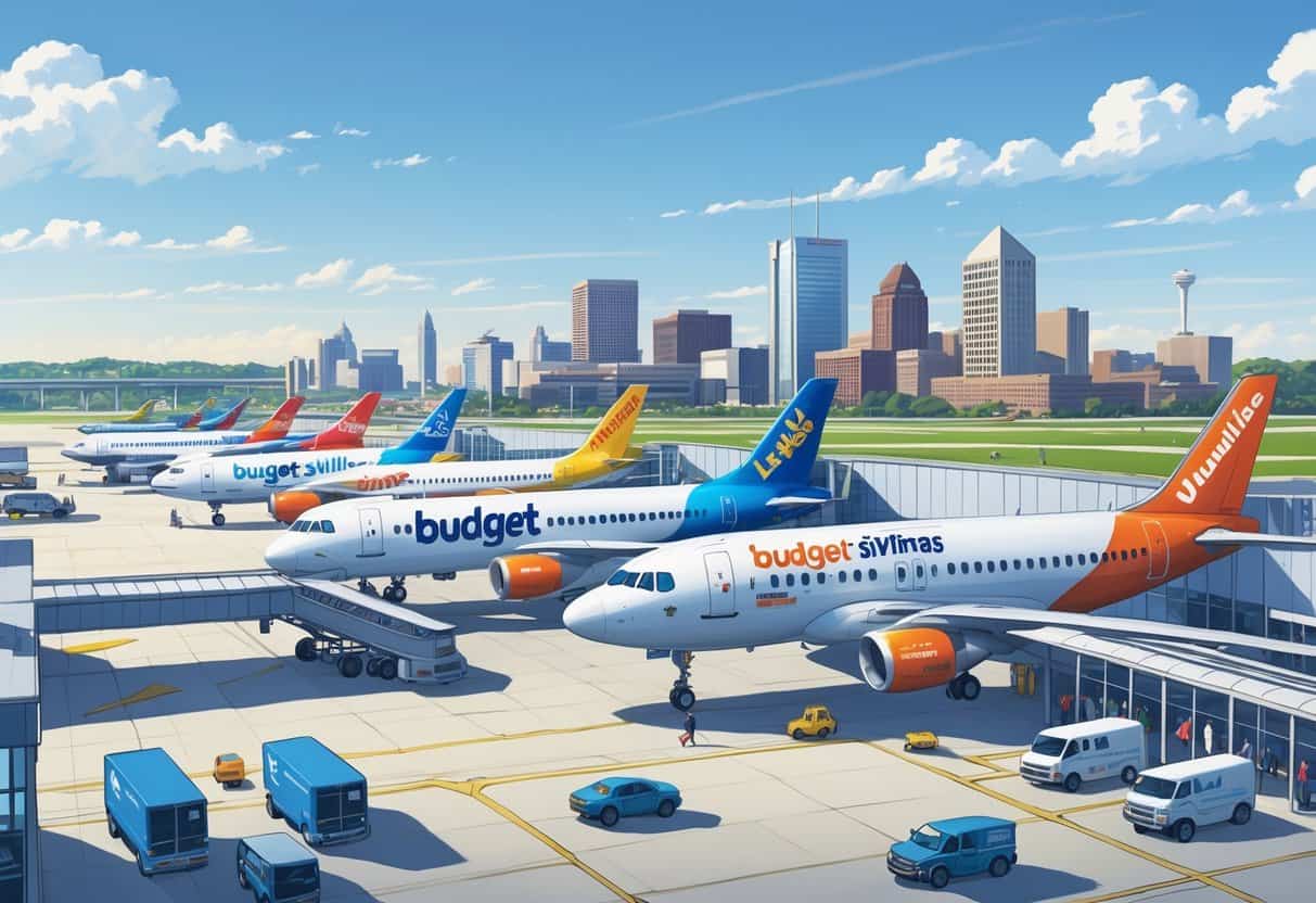 Airport terminal with budget airplanes parked, travelers walking, and Louisville city skyline in the background.