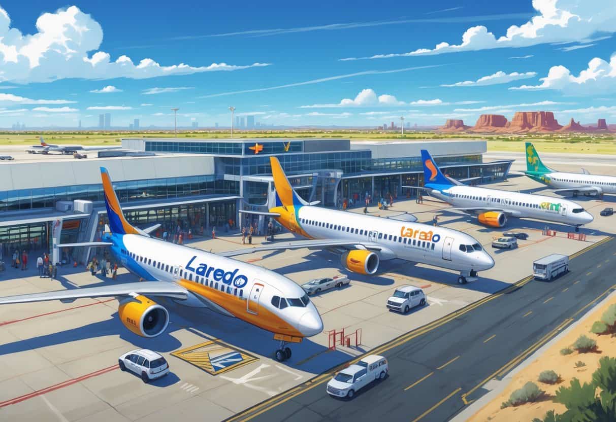An airport in Laredo, Texas with budget airline airplanes parked and taxiing, passengers boarding, and a clear sky overhead.