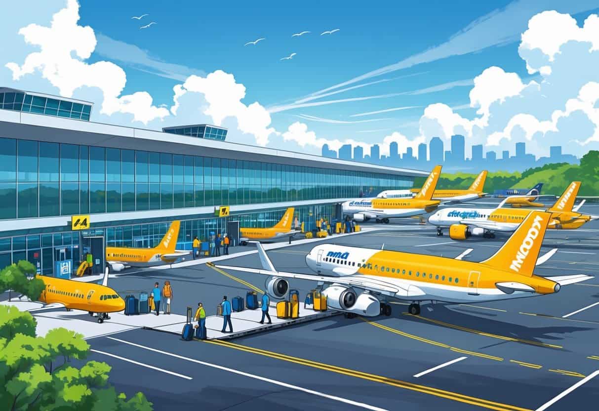 A busy small airport in Macon, Georgia with budget airline planes at gates, passengers walking, and airport staff assisting travelers.