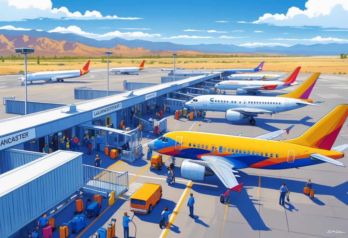 A busy small airport in Lancaster, California with budget airline planes at gates, passengers boarding, and desert mountains in the background.